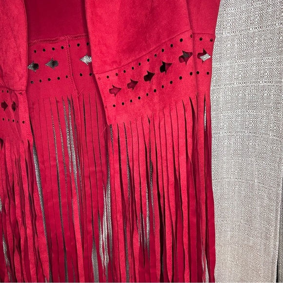 Red Fringe Vest Western Boho Festival Style Women’s 2XL Faux Suede - Picture 4 of 7